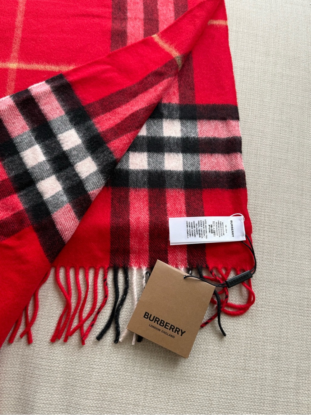 Burberry Red Plaid Cashmere-Blend Fringe Scarf